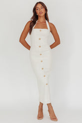 She Is Button Front Halter Midi Dress Tweed White